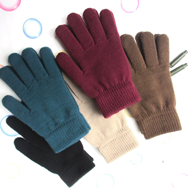 

Wholesale Solid Color Winter Unisex Warm Thickened Plush Elastic Acrylic Knit Five Finger Magic Gloves