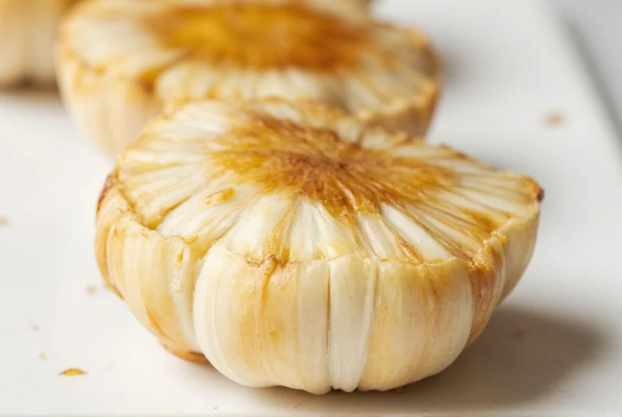 Close-up of a single roasted garlic clove showing golden brown color and soft texture