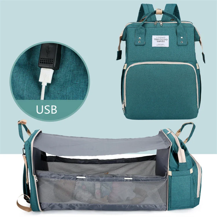 

high quality USB fold diaper bag backpack with sun blind multifunction fold bed baby travel diaper bag backpack changing station, 8 colors