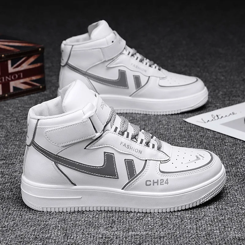 

Wholesale designer new fashion leather casual flat walking style male sepatu white reflective sports high top men shoes sneakers