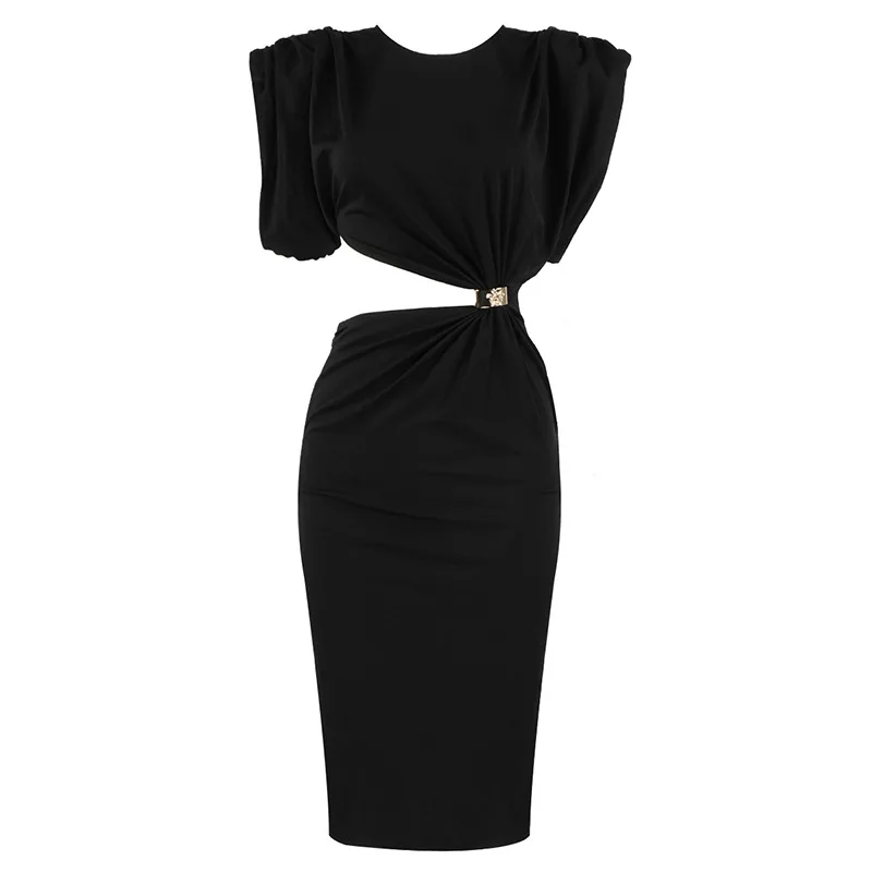 

2021 Women's Dress Fashion Black Open Waist Round Neck Slit Summer Dress Designer Open Waist Slim Skinny Hip Dress