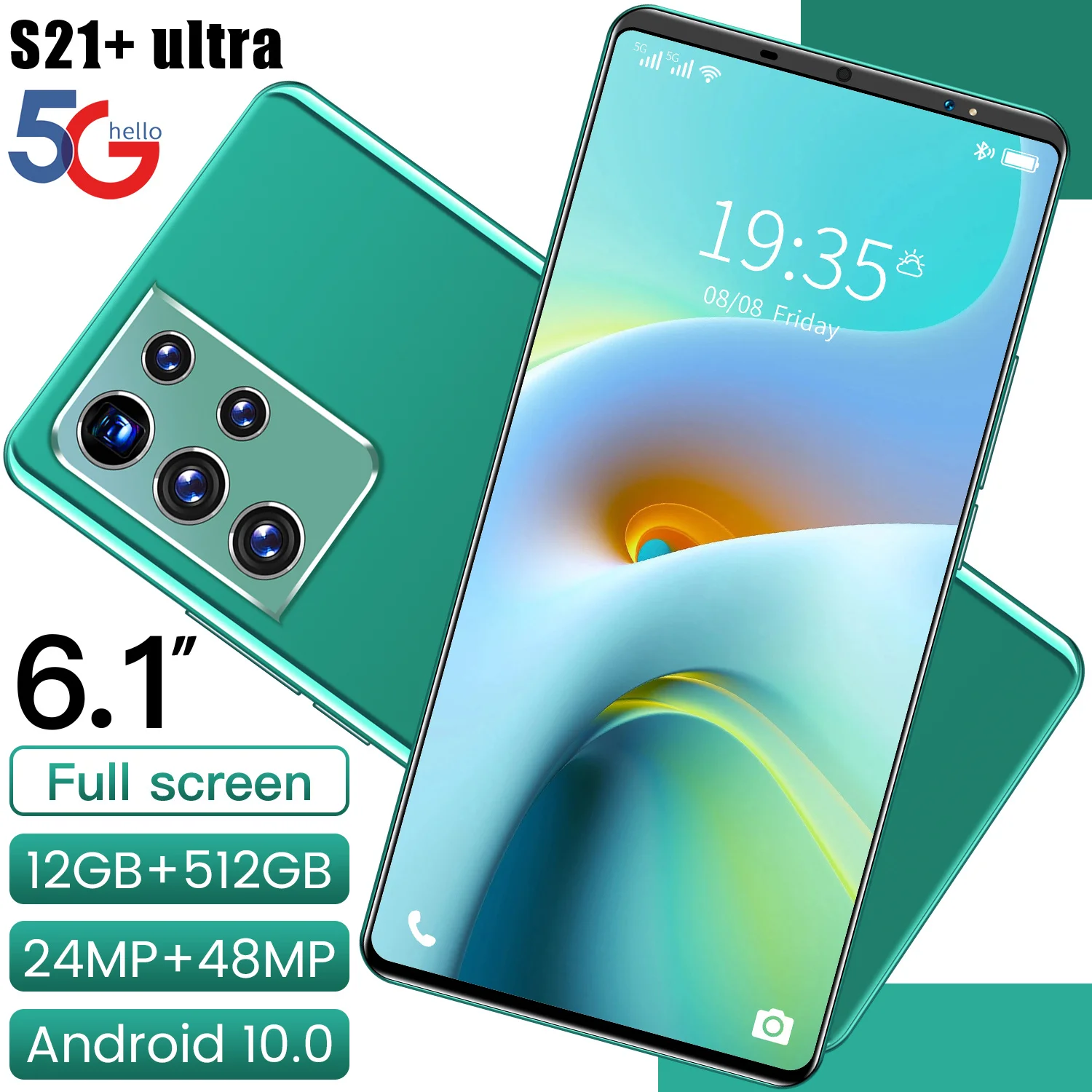 

2021top selling 6.1inch S21U1tra Monbile phone RAM512GB big memory Android phone Face ID Smart phone, Black green pink