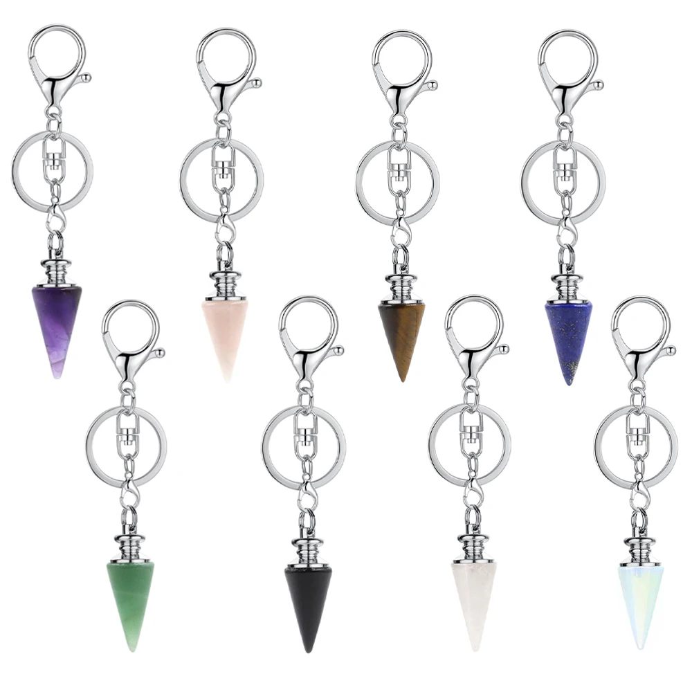 

Natural Gemstone Cone Pendant Keychain Dowsing Pendulum Divination Healing Crystal Reiki Chakra Point Key Chain Accessories, As the picture
