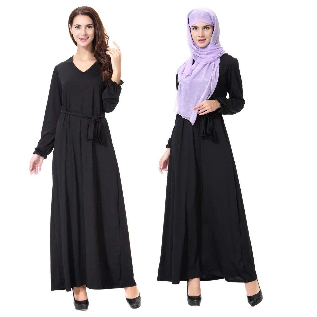 

3CN02W Abaya Middle Eastern gowns Ladies long sleeves maxi Pure Color pleated Robe muslim evening dress for malaysia women