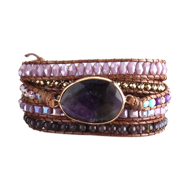 

Fashion Bead Jewelry Handmade Boho Bracelet Natural Stone Crystal Glass Purple SedimentJasper 5 Strands Leather Wrap Bracelets