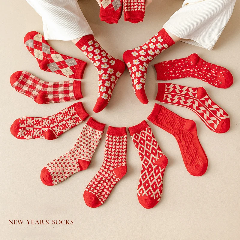 

Jingwen OEM Calcetines Navidenos Red Cotton Crew Socks Christmas