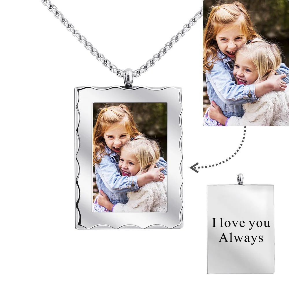 

2021 Valentine's Day Gift DIY Custom Photo Necklace Memory Rectangular Engraved Photo Personalized Necklace, Silver,