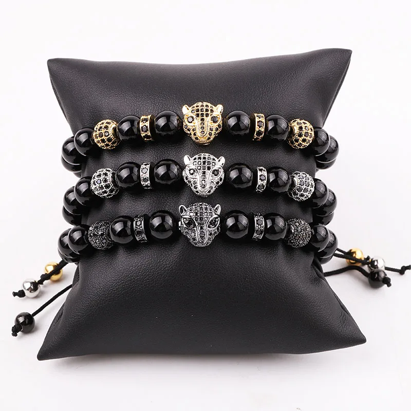 

High Quality Natural Stone Onyx Cubic Zircon Leopard Charm Custom Logo Adjustable Macrame Bracelet Luxury Men