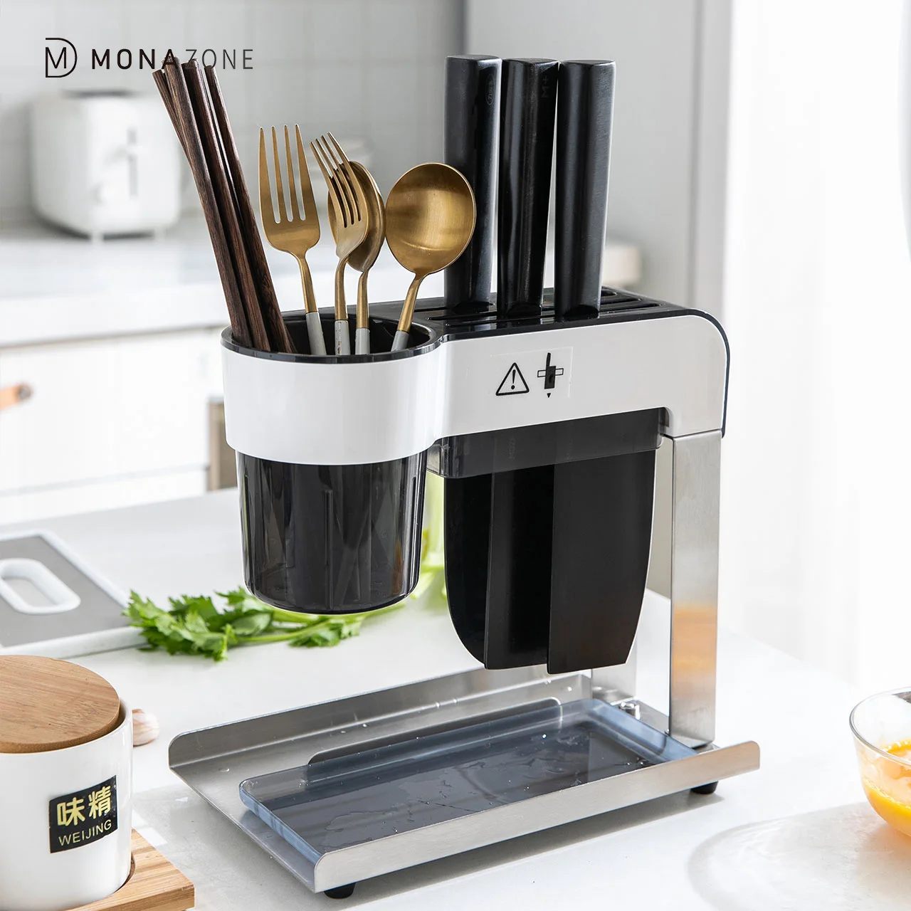 

MONAZONE All-In-One Drainer Storage Rack Stainless Steel Cutting Board Chopstick Flatware Knife Holder Kitchen Organizer Rack