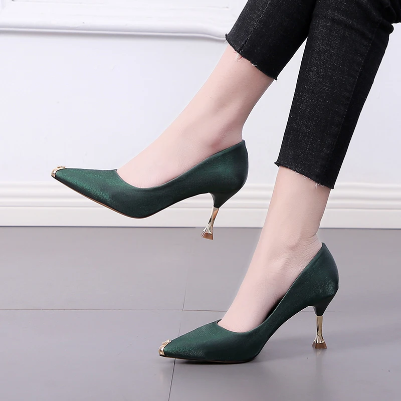 

DEleventh Shoes Woman Office Formal Pumps Fashion Pointy Toe Metal Tip Stiletto High Heels Party Shoes Black Plum Green In Stock