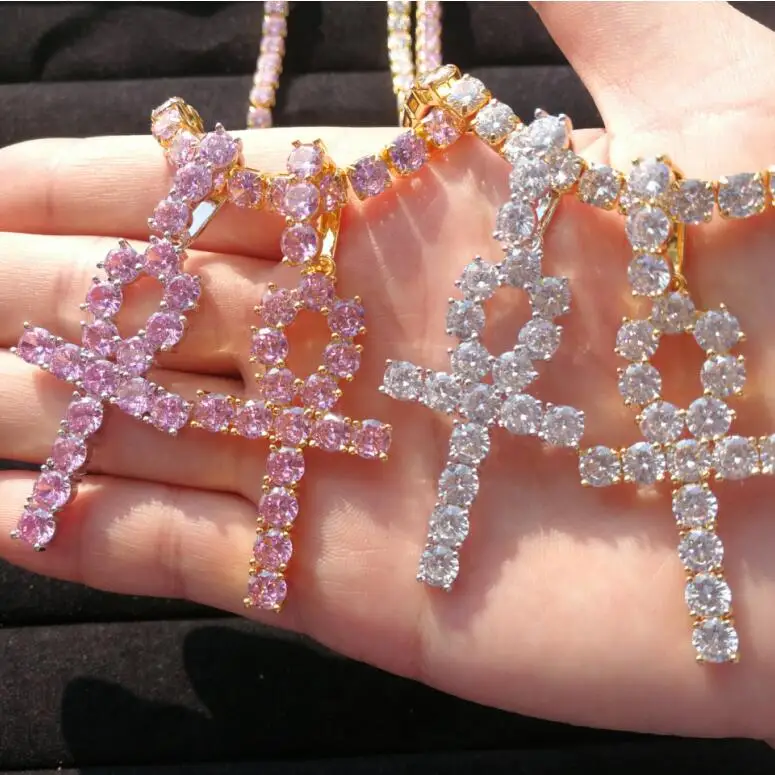 

Top Sale Baby Pink Iced Out Ankh Cross Pendant Tennis Chain CZ Egyptian Key Of Life Pendant&Necklace Jewelry Gift