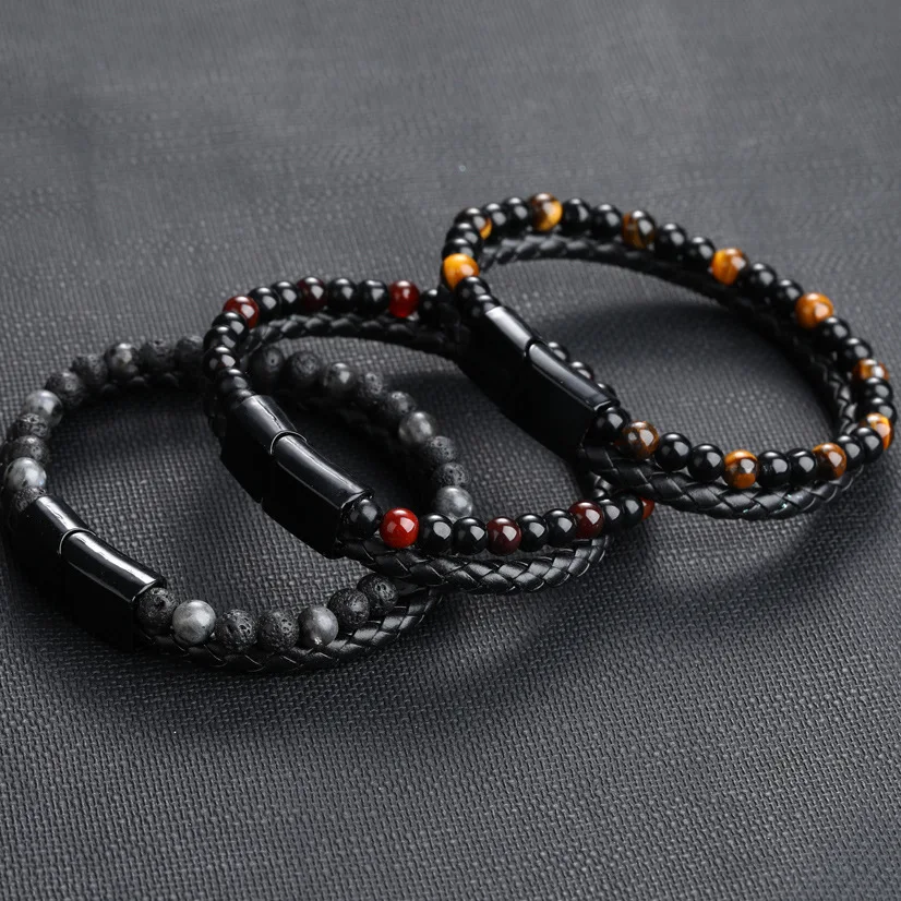 

New Arrival Double Layer Natural Volcanic Lava Stone Beaded Bracelet For Men Handmade Braided Genuine Pu Leather Bracelet, Picture