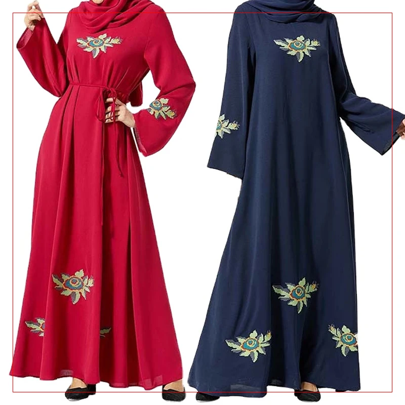 

Fashion urban leisure abaya women's dress plant embroidery belt Muslim large swing Long Sleeve Dress