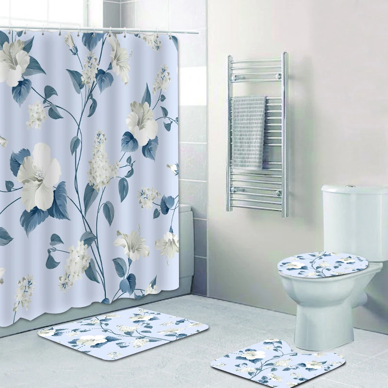 

180x180cm customizable partition bathtub shower curtain bathroom non-slip blue bottom flower leaf four-piece bathroom set, Picture