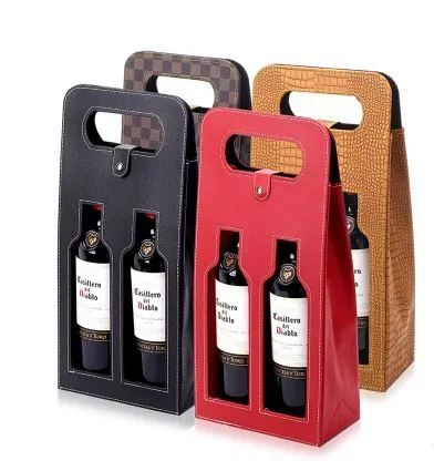 

wholesale reusable two wine bottle tote bag gift bags pu leather wine tote bag, Red, black, dark gray, light gray /customized