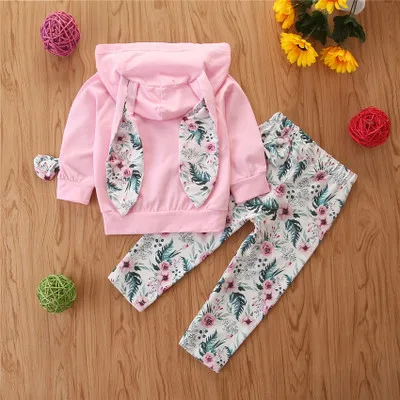 

2020 Toddler Girl Bowknot Sleeve Infant 3D Bunny Ear Hooded Tops Floral Pants Clothes Outfit 3pcs roupa infantil ropa bebes