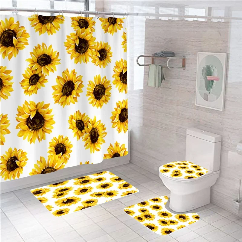 

Manufacturers Hot Sale 4PCS Sunflower Shower Curtains Set With Bathroom Mat Carpet Custom Print Made Designs 3D Flower Curtain, Customized color