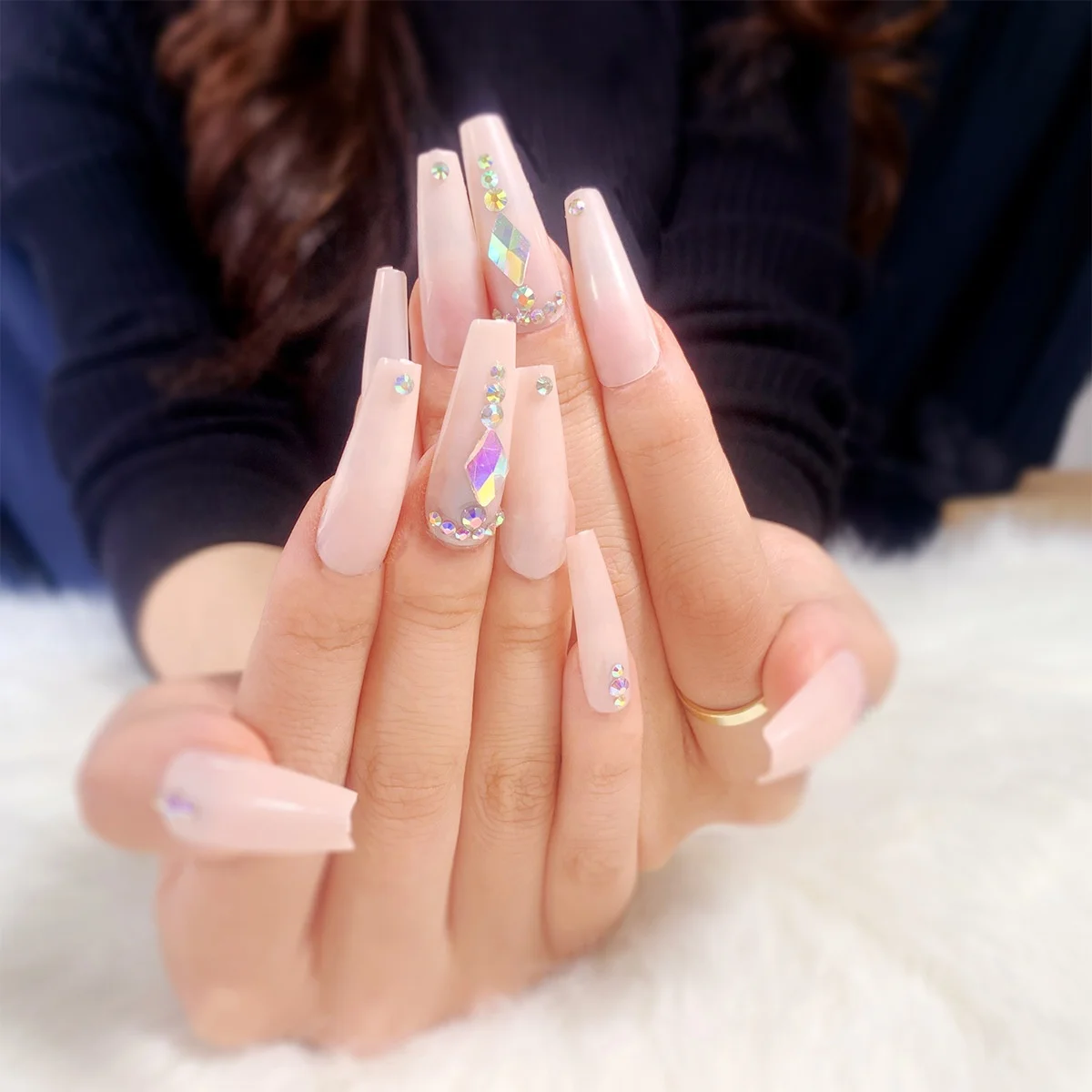 

2021 Amazon Hot Sale 24pcs/box Nude Long T Shape with Diamond Wearing Atificial False Nail Finished Fake Nail Patch, Multiple colour