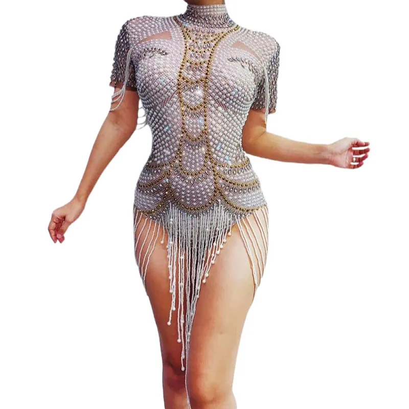 

Fashion Rhinestones Pearls Fringes Bodysuits Women Showgirl Pole Dance Leotard Stage Costume Performance Wear Club Jumpsuits, White