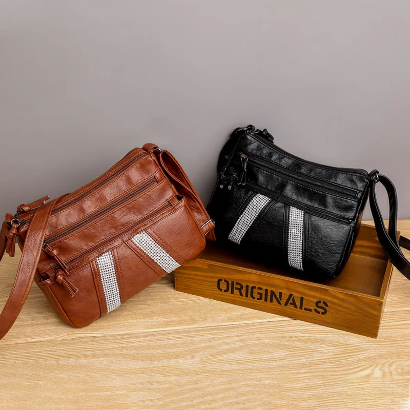 

High Quality Women Pu Messenger Bag 2021 Fashion Lady Leather Crossbody Shoulder Bag With Dimonds