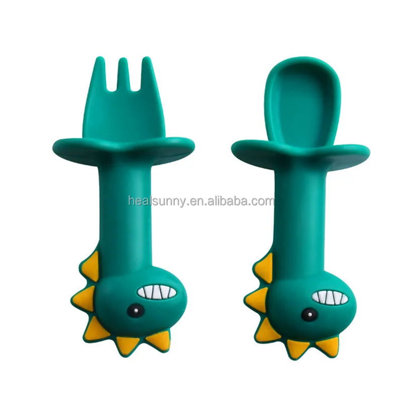 

New Product OEM Silicone Self Feeding Baby Training Fork and Spoon Set, Customized color