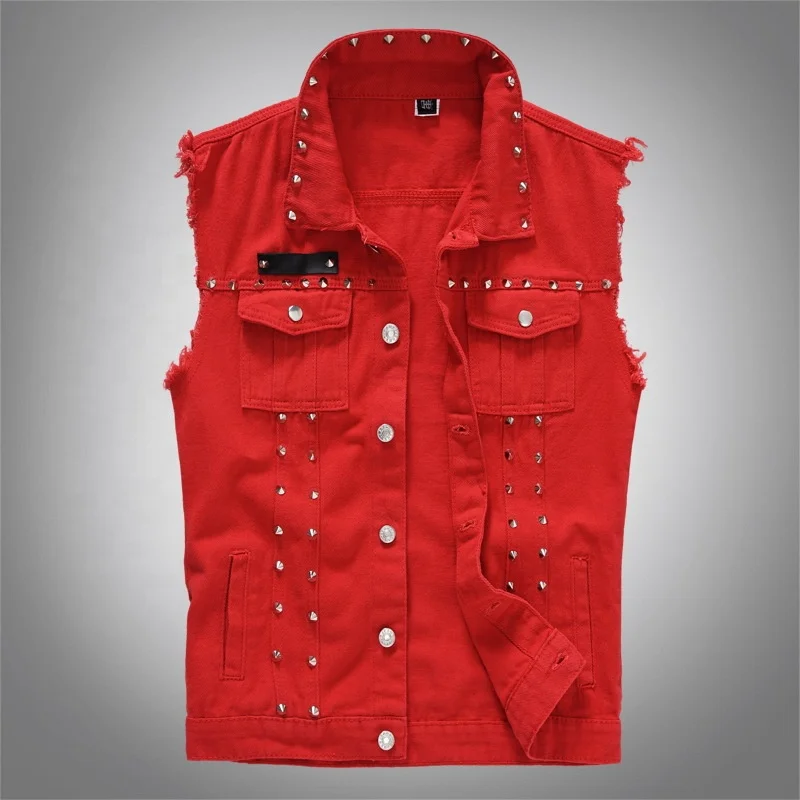 

Men's Red Denim Vest with Studs Plus Size Men's Sleeveless Slim Denim Jacket Vest, Black