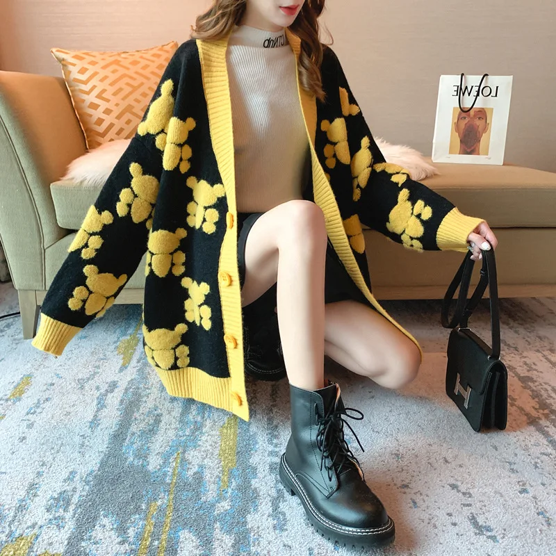 

Fashionable women v neck long sleeve loose fit bear print sweater coat