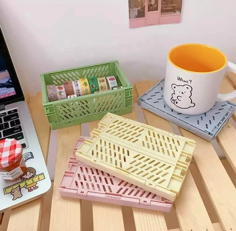 

Mini small Folding Plastic Storage Crates Box Collapsible Container Desktop Cosmetic Storage Basket Office Make up Organizer Box