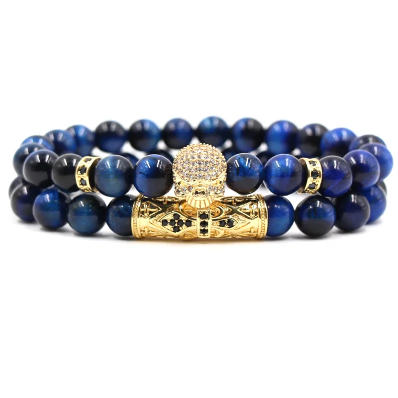 

2pcs/set Luxury High Quality Copper Micro Pave CZ Skull Head Charm Beads Bracelet Natural Stone Blue Tiger Eye Stone Bracelet, Style