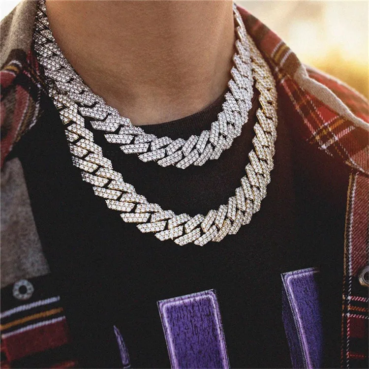 

Hip Hop Width 20 MM Wholesale Chains Prong Zircon Iced Out Miami Cuban Link Chain Diamond Necklace Bracelet for Men, Gold silver pink