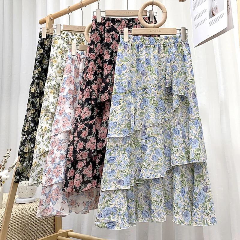

2021 new women's casual fashion chiffon skirt summer beautiful floral lotus leaf beach vacation high waist long skirt, Customized color
