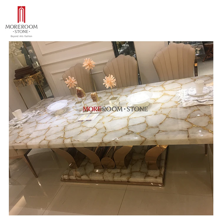 Custom White Quartz Gold Marble Dining Table Set 6 Chair For Royal