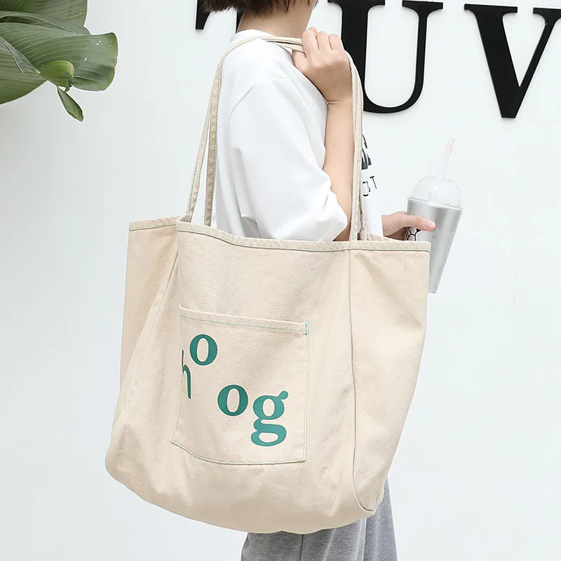 

New custom Washable Canvas Bag Casual Literary Letter Printing Handbag Fashion Large Capacity single Shoulder Bags wholesale, Black