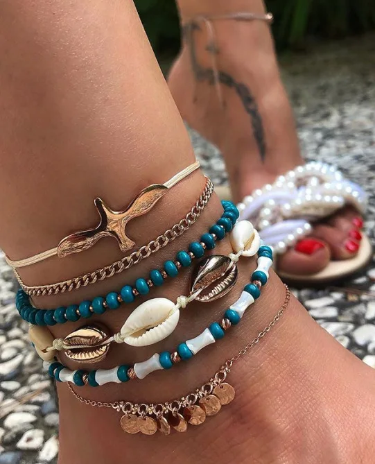 

Exotic rice bead wild goose round shell tassel anklet set women Jewelry 6pcs/set