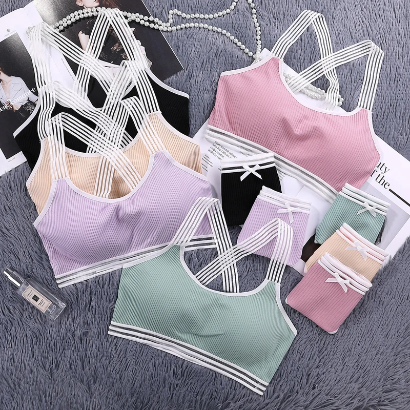 

Young Lady Girl Cotton Wirefree Detachable Padded Sports Bra And Panty Sets