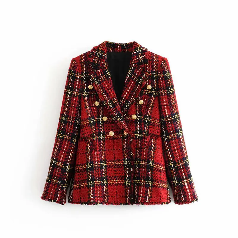 

wt144 women elegant red plaid tweed blazer coat V neck buttons tassels design jacket office lady casual soft twill outfit tops
