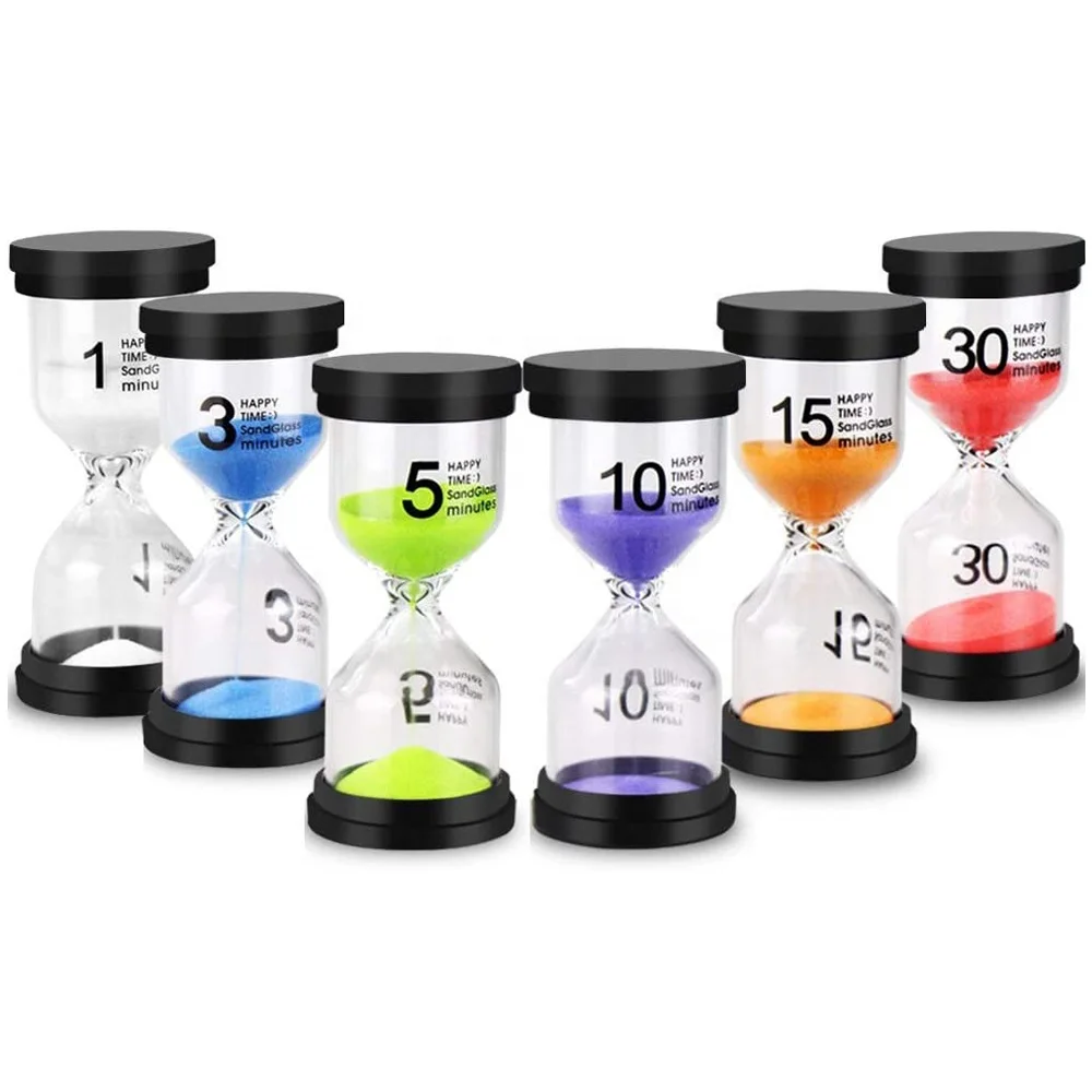 

6 Pack 6 Colors Sand Clock Sandglass Timer Assortment Kit 1 3 5 15 30 Minutes Plastic Sand Timer Hourglass, 6 colors custom