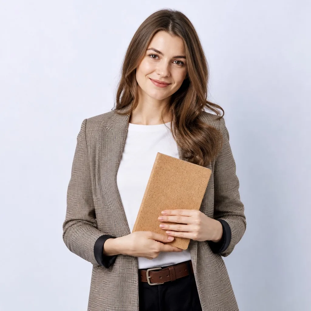 Young professional woman holding cork notebook