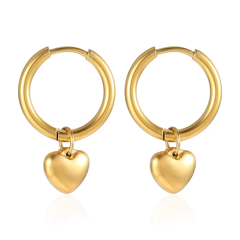 Hot selling 18K Gold Plated Stainless Steel love Heart Dangle Charm Hoop Earrings For Women