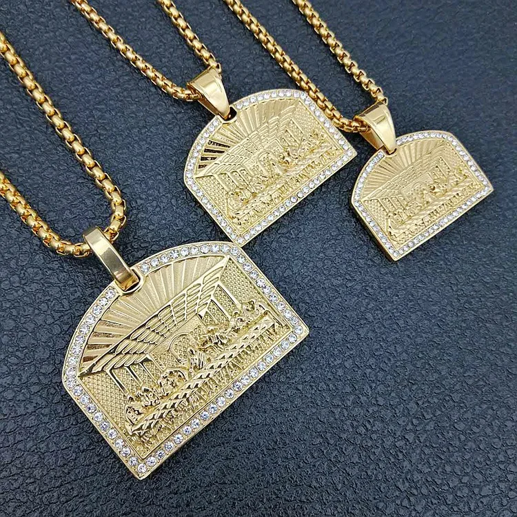 

Hot Sale Hip Hop Tag Jewelry Gold Plated Diamond Three Sizes Stainless Steel The Last Supper Pendant Necklace, Picture