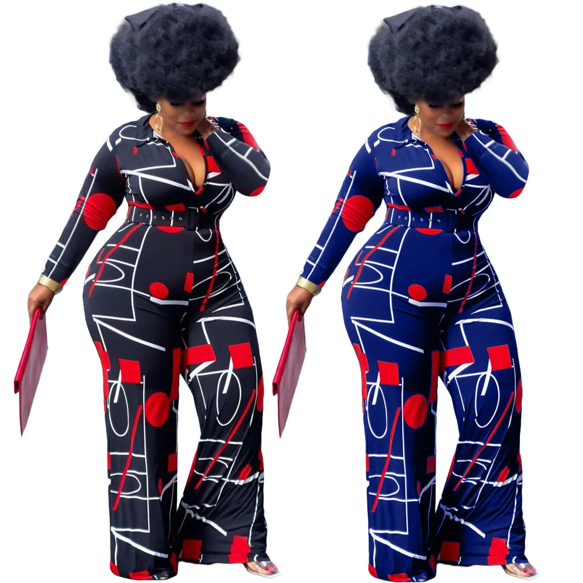 

Sexy Loose Plus Size Fall Wide Leg Jumpsuit Fashion Casual Printed V Neck Fat Women Jumpsuit With Belt, Picture color