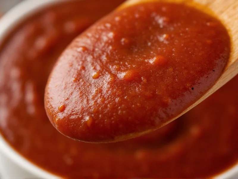 Close-up of barbecue sauce texture testing on wooden spoon