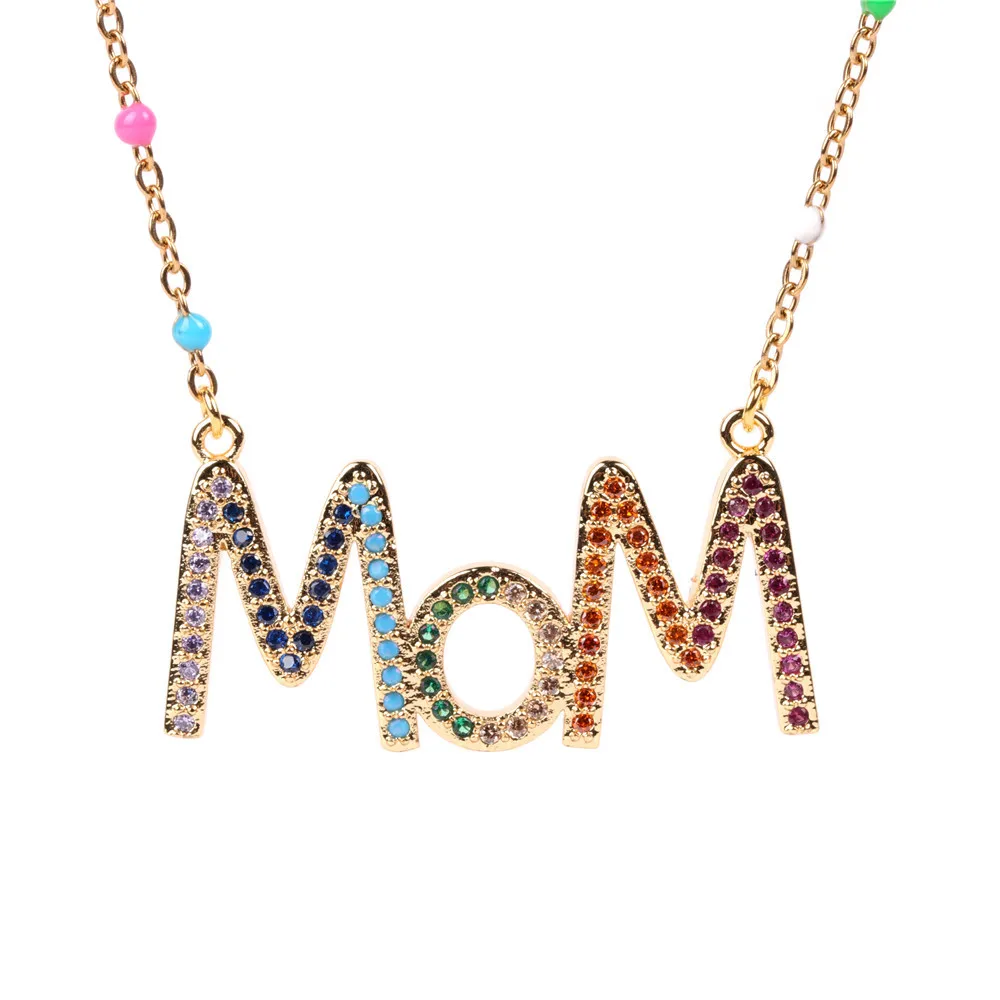 

Colorful Diamond Necklace Stainless Steel Zircon Jewelry Mama Mom Letter Necklace Clavicle Chain Mother's Day Gifts, As picture or customized