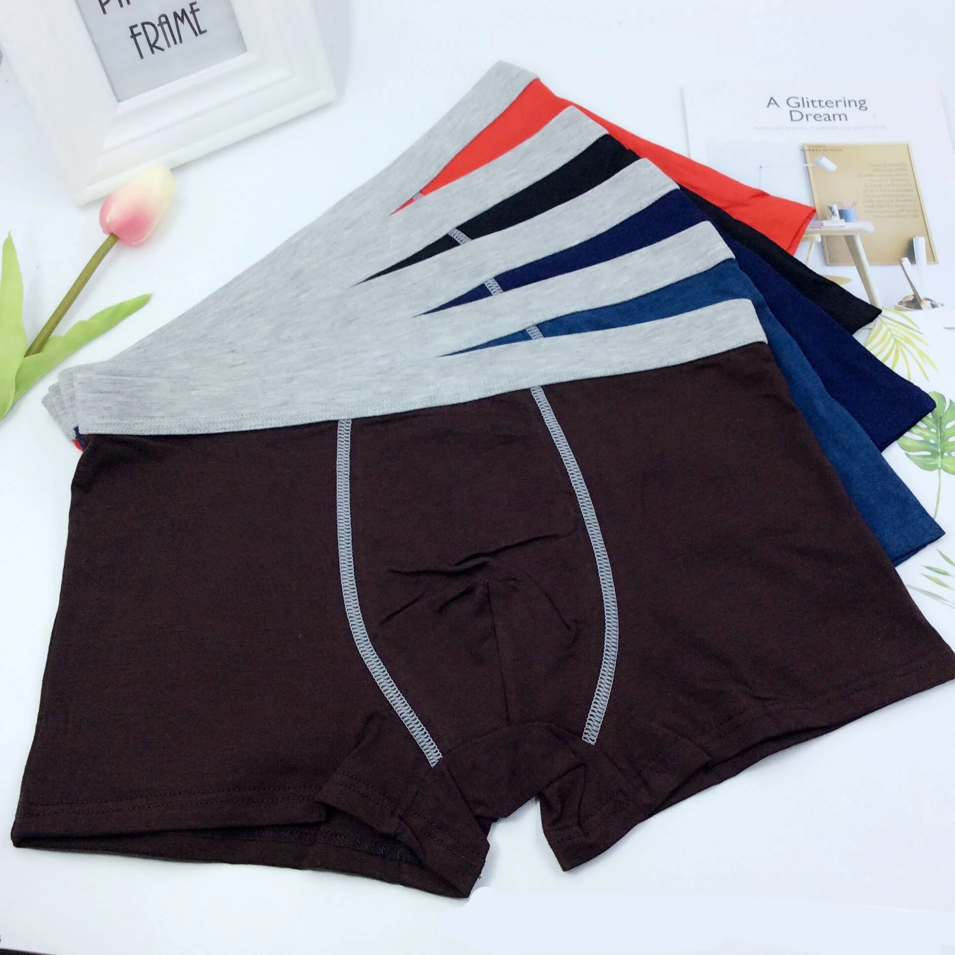 

Men's underwear large size wide waist spandex top RC cotton breathable mid-waist plain boxers