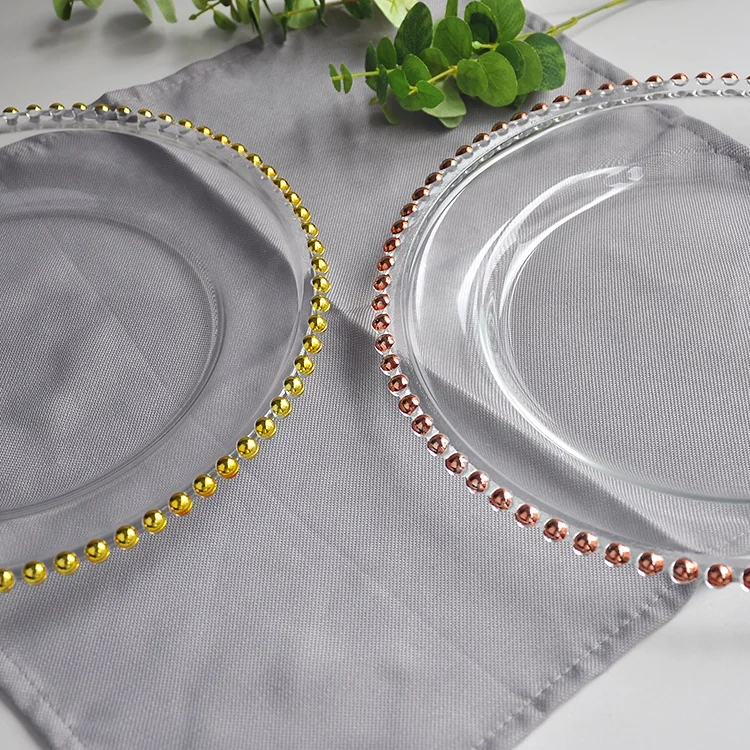 custom hot selling clear colored luxury glass charger dish plates beads dinnerware for wedding or party