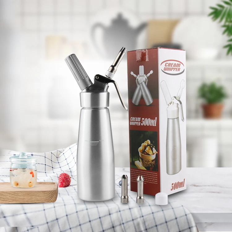

Professional Grade All Aluminum Body and Head Whipped Cream Dispenser with three plastic nozzles and a little brush