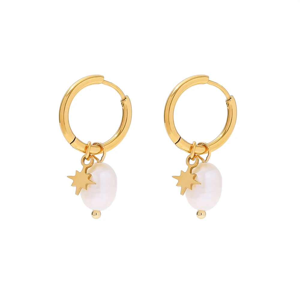 18k Gold Plated Stainless Steel Freshwater Pearl Star Charm Dainty Pendant Hoop Earrings For Women