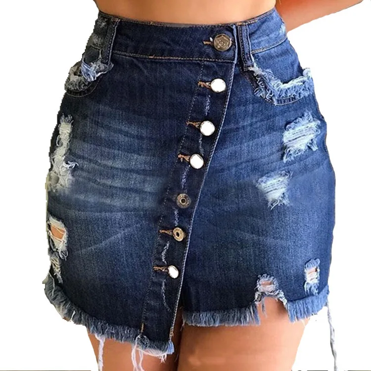 KY Custom Women's Distressed Denim Mini Skirt with Zipper Button Pockets Ripped Slit Design Summer Stock Ladies Jeans Skirts