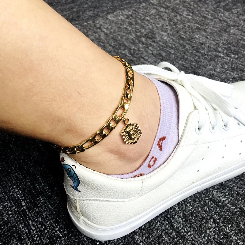 

Wholesale Initial Charm 14K Real Gold 26 Letter Pendant Anklet Bracelet Cuban Foot Chain Jewelry For Women