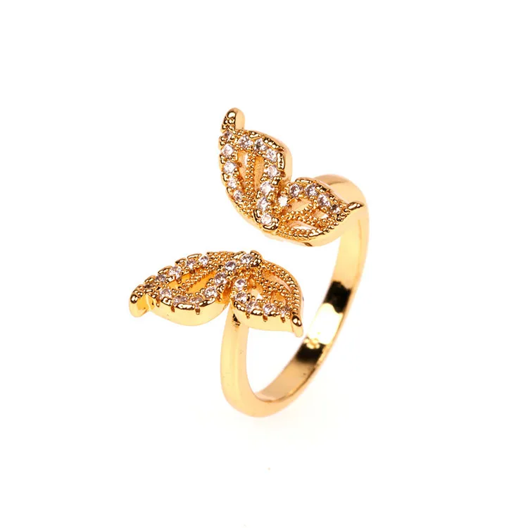 

RM117 Wholesale Dainty Gold Diamond CZ Zircon Micro Pave Monarch Butterfly Open Rings for Women Ladies